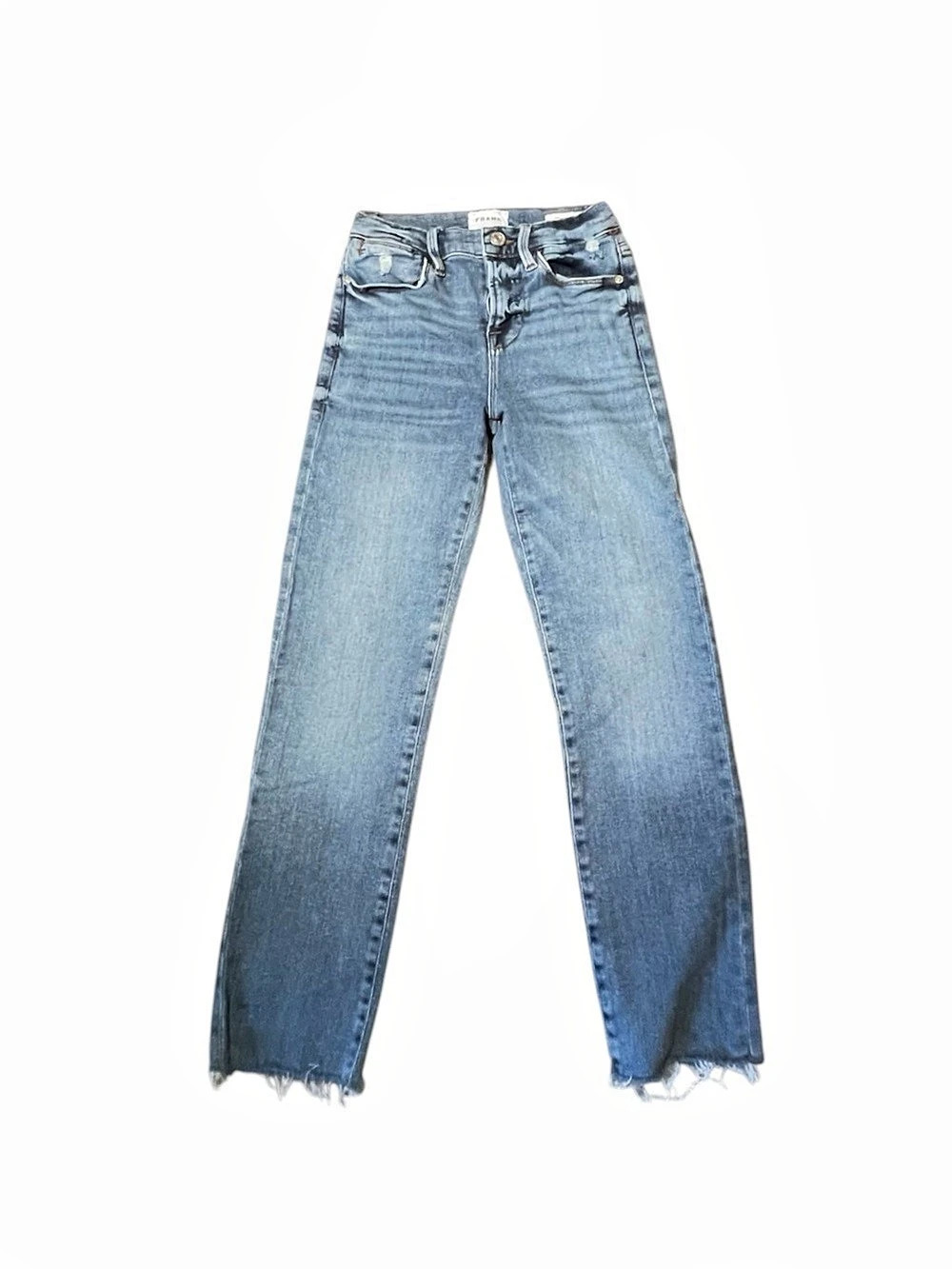 FRAME Le High Straight Denim Jeans Blue Light Wash Fringe Hem 25